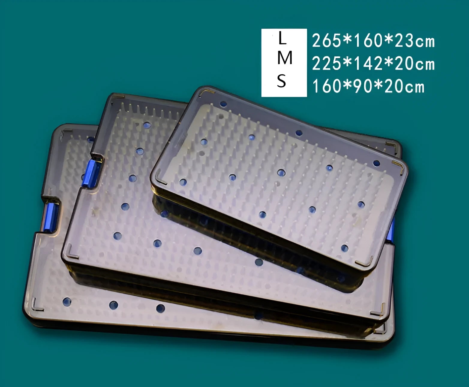 Silicone disinfection box with lid in three size options: large, medium, and small.