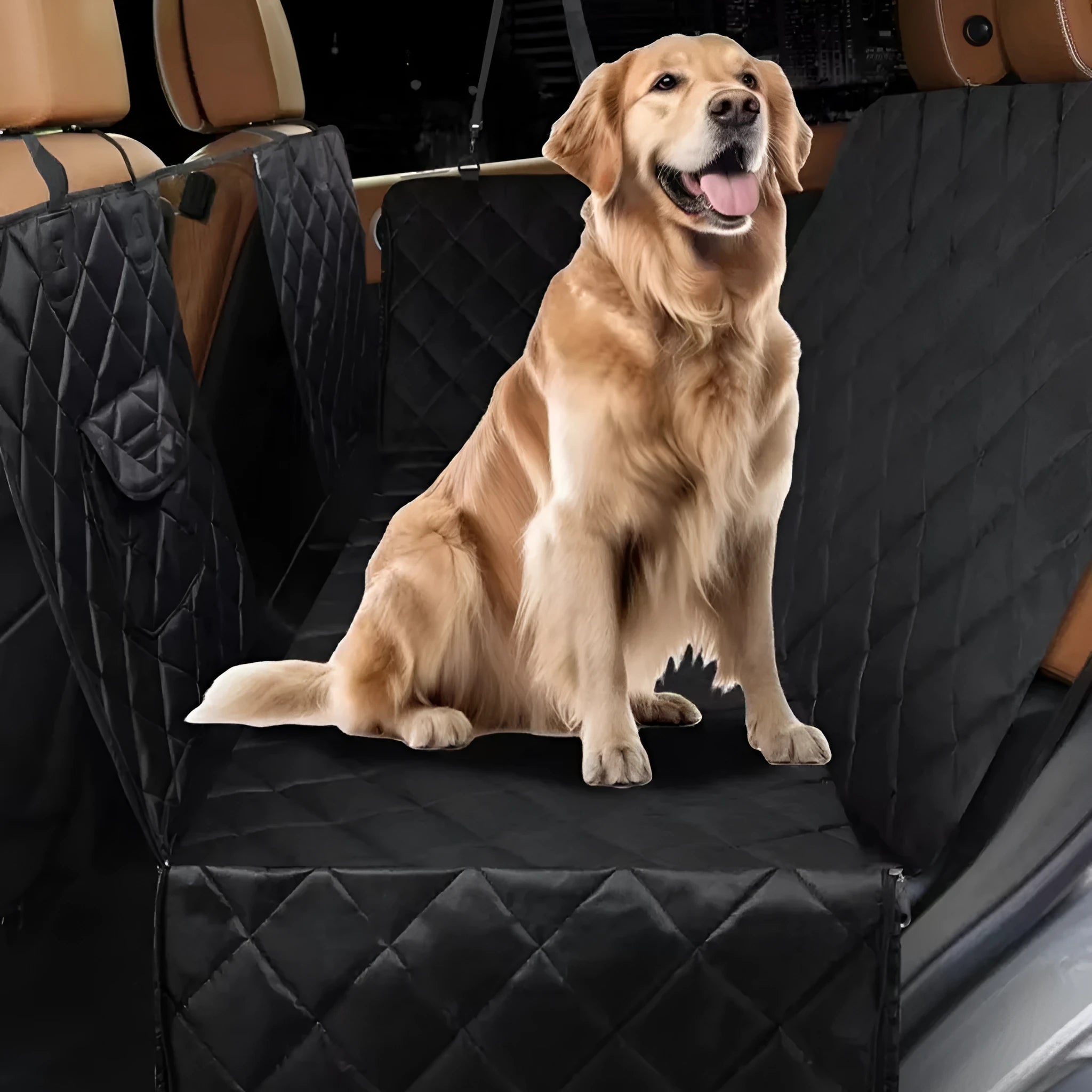 Pet car cushion fabric mat with seatbelt opening shown in black and grey colour options