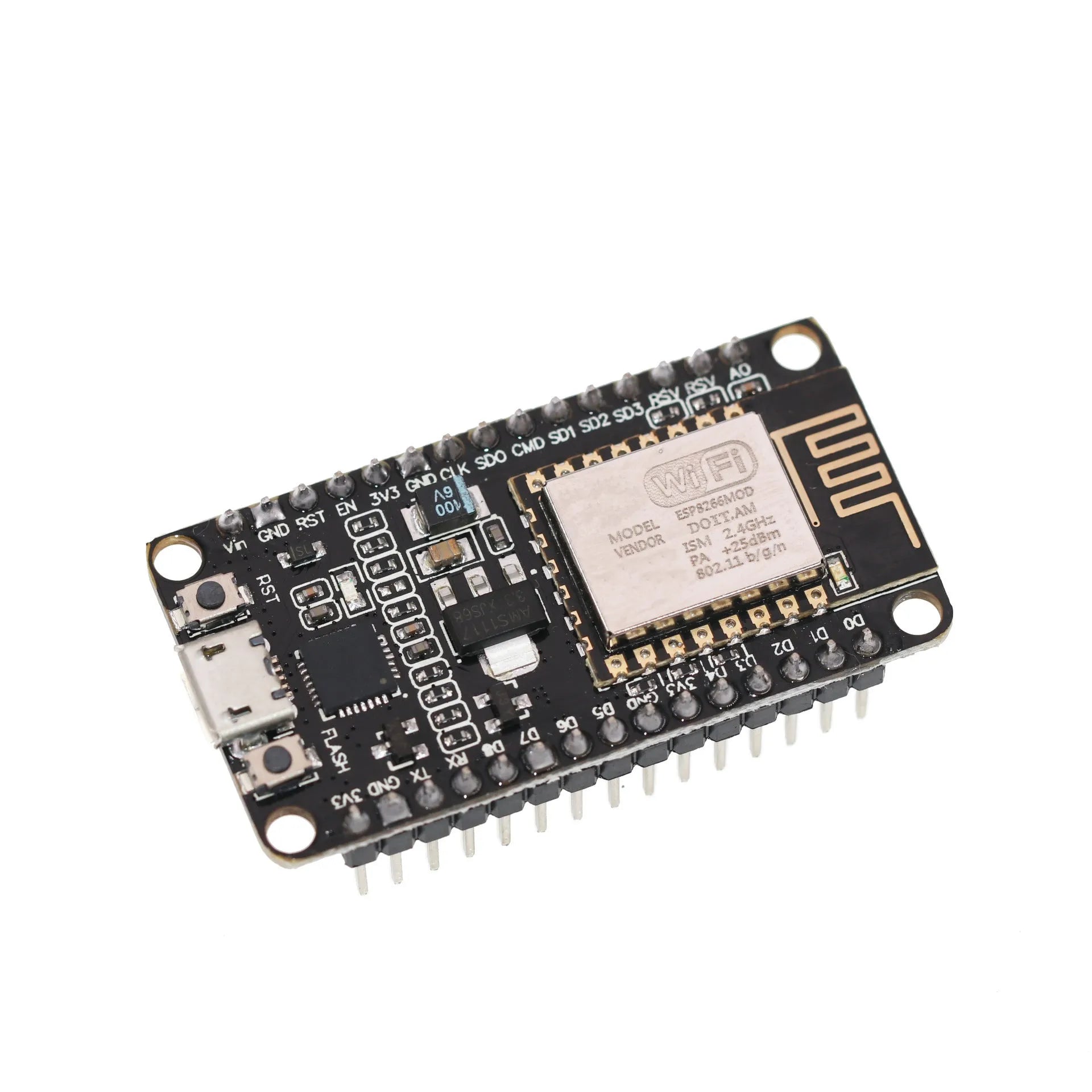 NodeMcu Lua Wi-Fi development board with ESP8266 chip and USB connector.