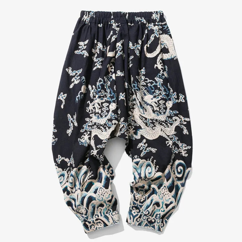 Men's dragon print harem trousers with elastic waist, loose length, available in multiple sizes