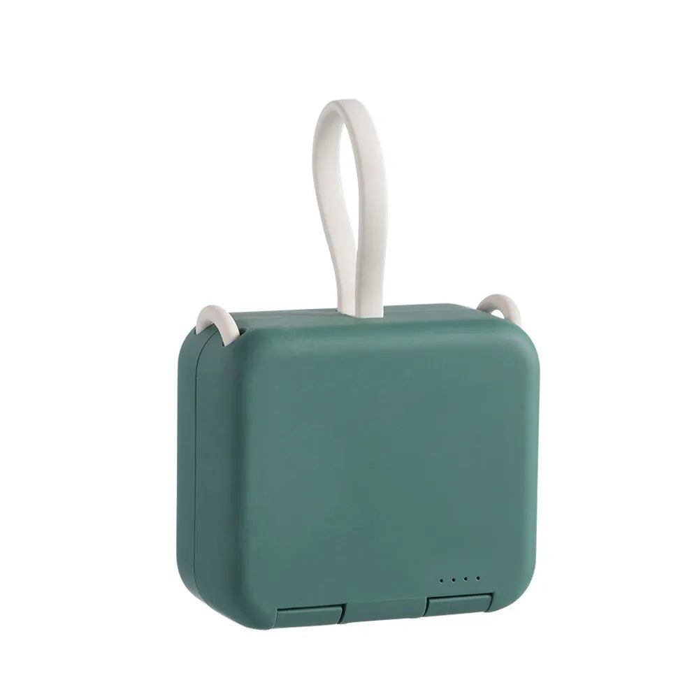 Handbag clip power bank in blue, green, red, or white showing phone stand function and charging ports