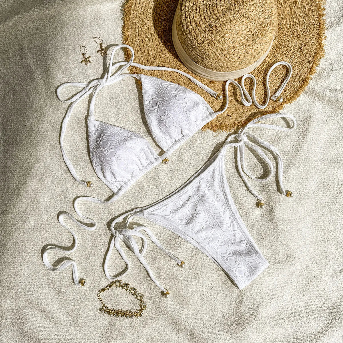 Women's halter lace-up bikini set in milky white, green or white colours