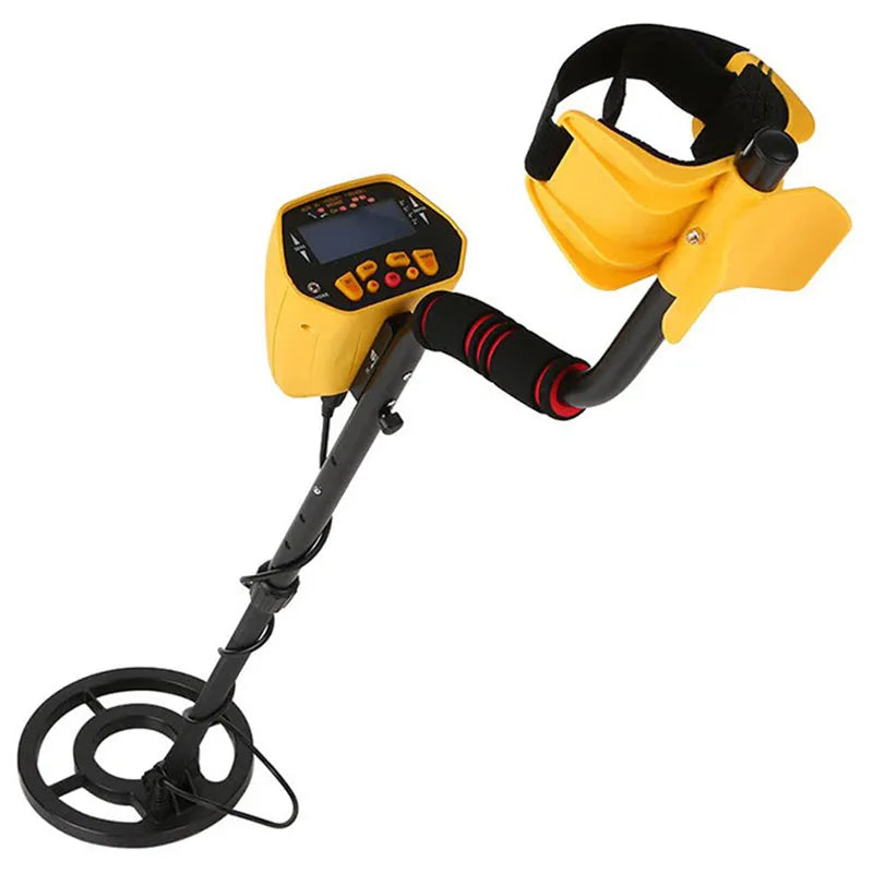 Black and yellow GC1028 professional metal detector with LCD display and adjustable pole.