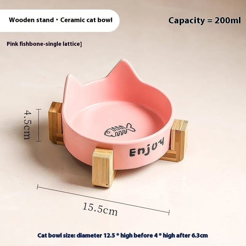 Porcelain cat bowl with wooden anti-tumble frame in chosen colour with cat ear design