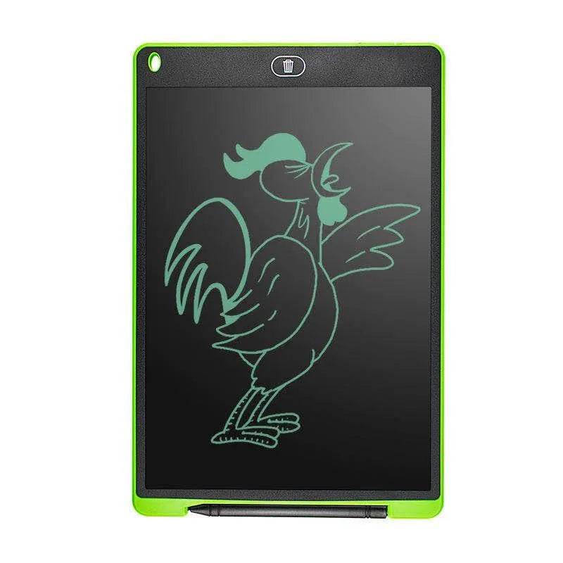 8.5 inch LCD drawing tablet in black showing finger writing on flexible screen with one-key clear button