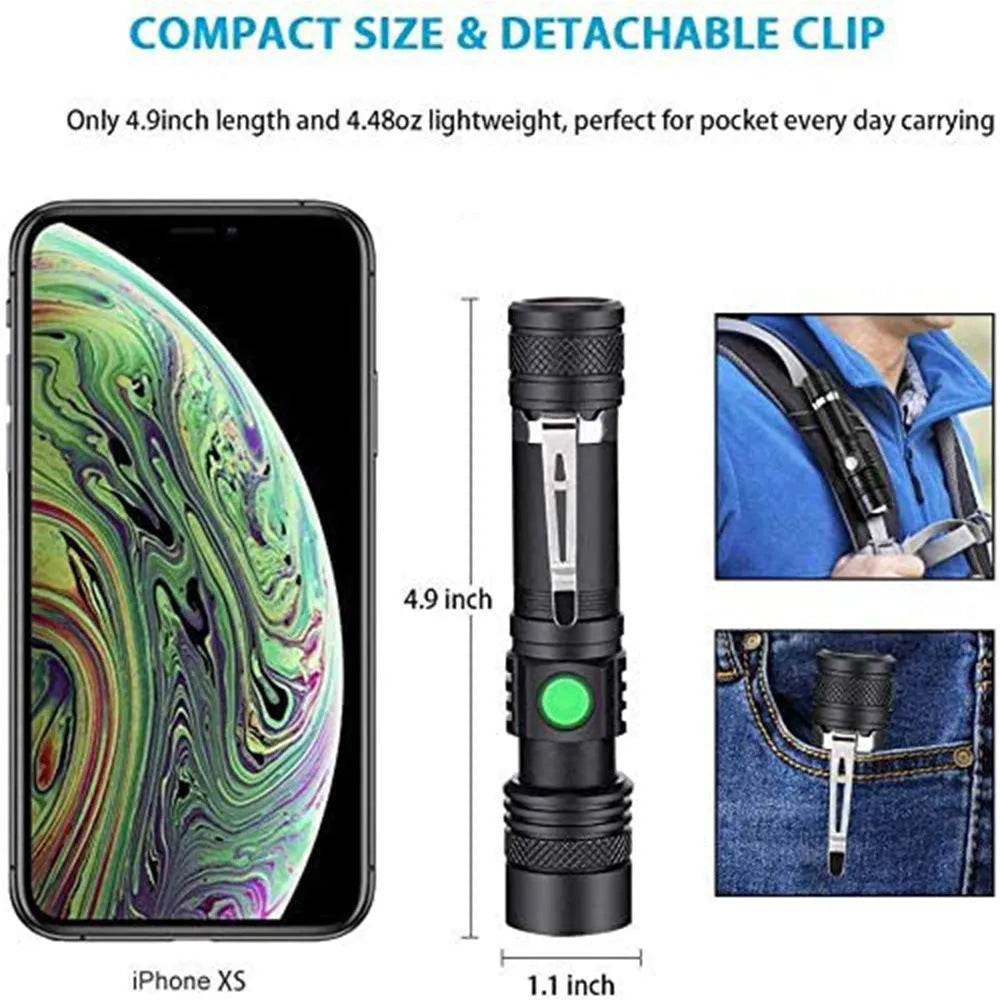 Telescopic zoom USB rechargeable T6 strong LED flashlight in black aluminium alloy body for outdoor use
