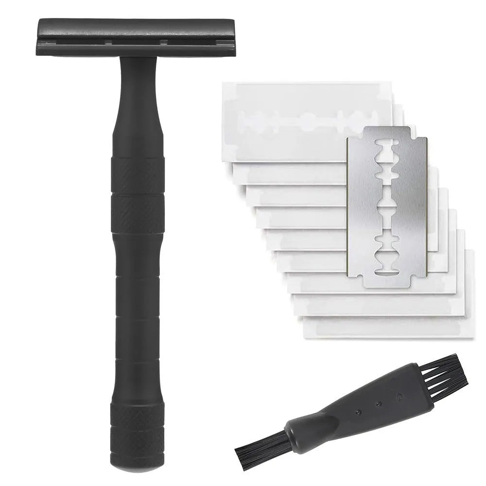 Manual double-sided safety razor with alloy handle, shown with replacement blades on a towel.
