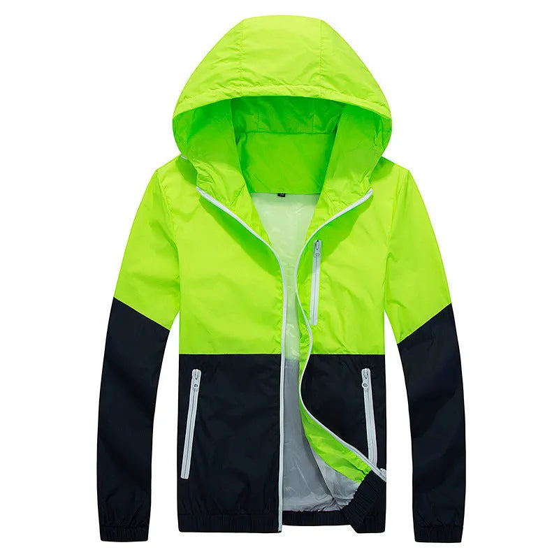 Men's lightweight polyester hooded sports jacket in army green, front view
