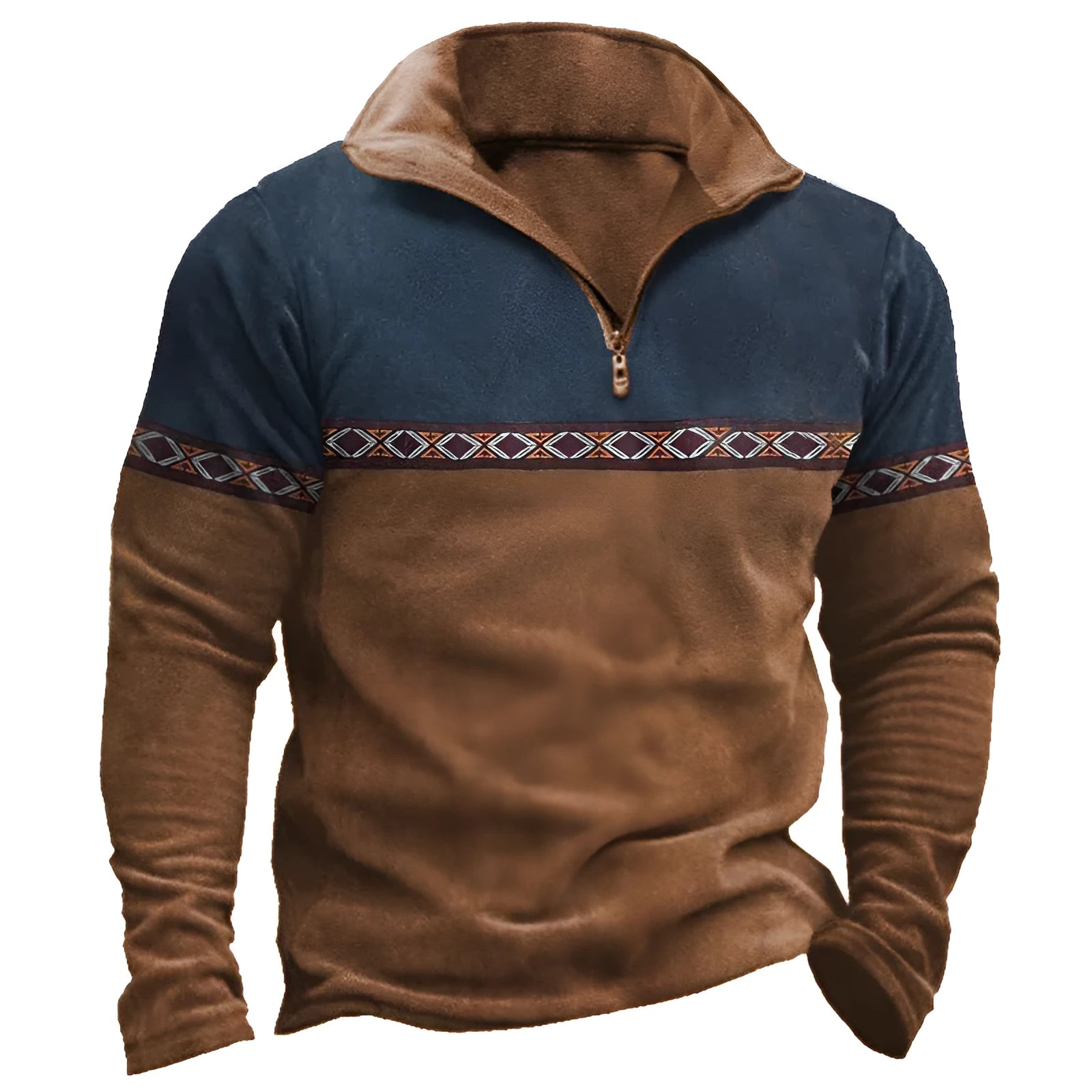 Man wearing a multicolour retro patchwork zip-front polo sweater.