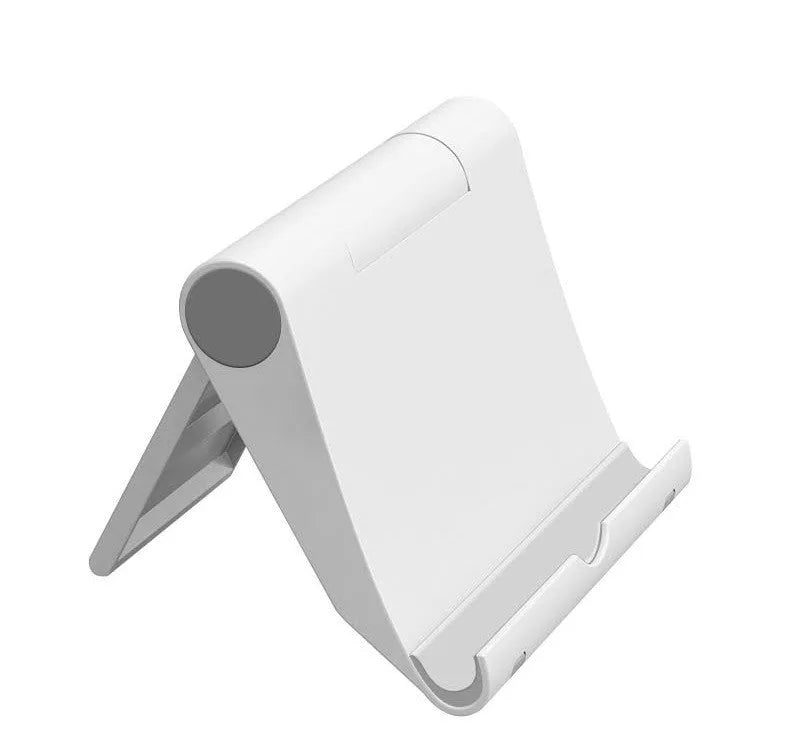 Black PE folding stand holding a smartphone at an angle on a wooden table.