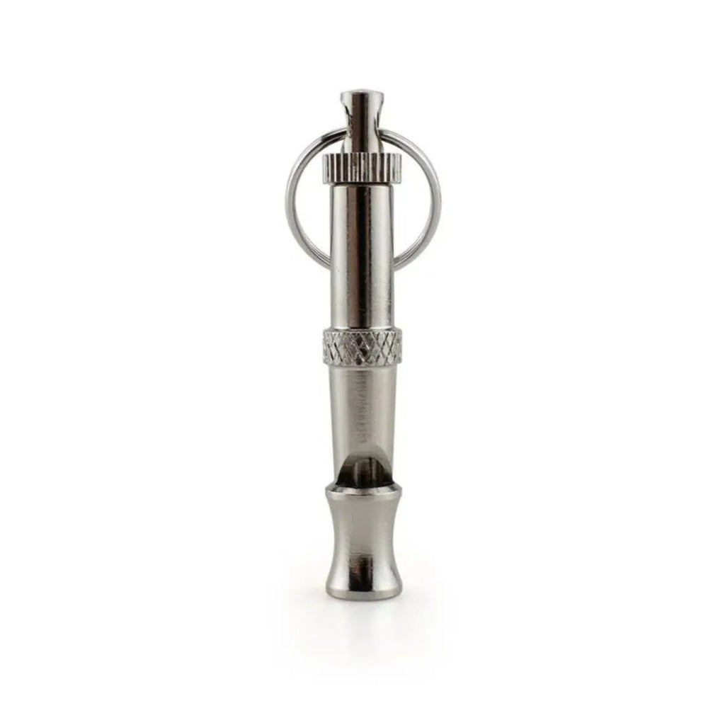 Metallic adjustable ultrasonic dog whistle for training and barking control.