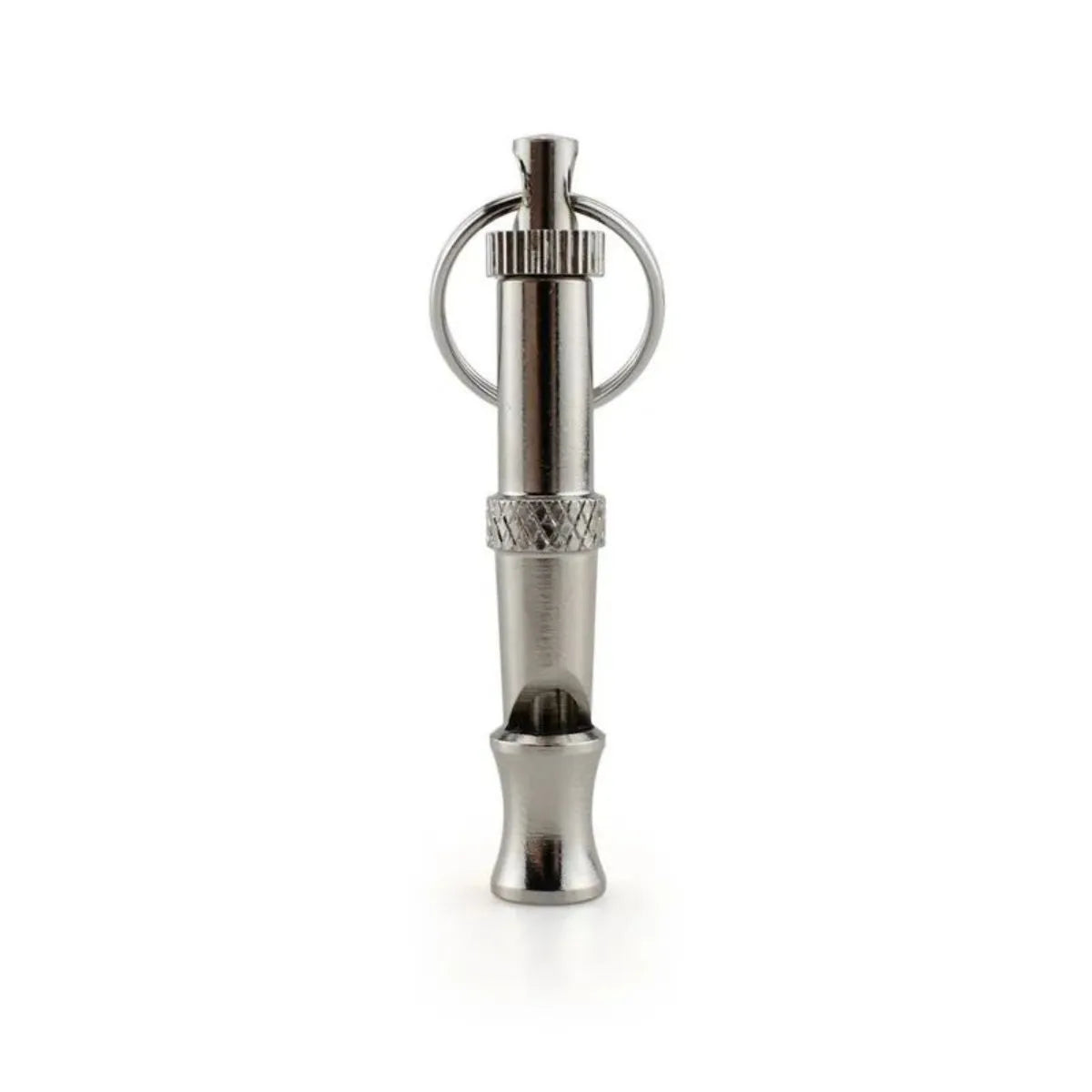 Metallic adjustable ultrasonic dog whistle for training and barking control.