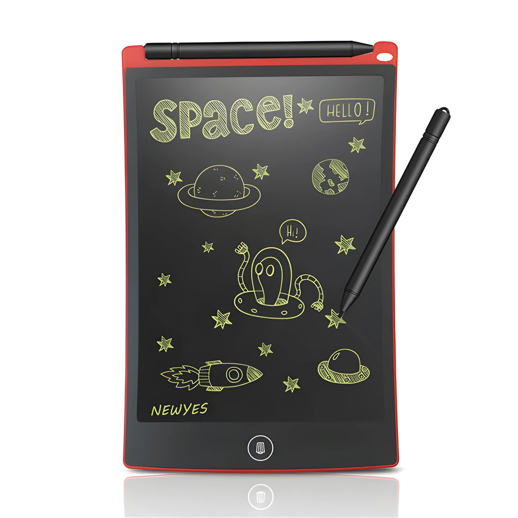 8.5 inch LCD drawing tablet in black showing finger writing on flexible screen with one-key clear button