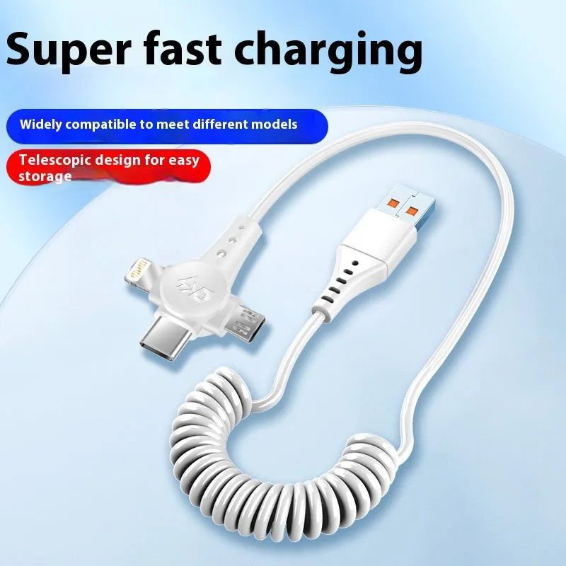 Black spring telescopic charging cable with Type-C, Lightning and Micro USB connectors extended to 1.5 metres