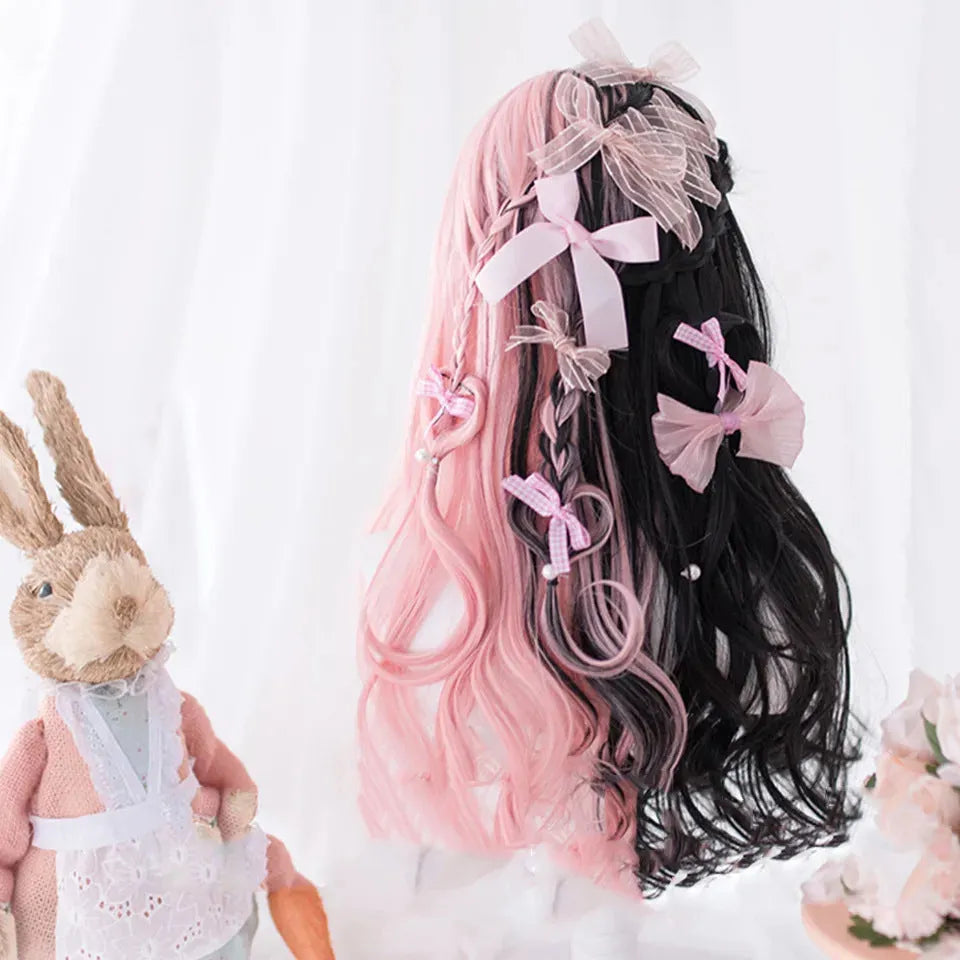 Harajuku Lolita cosplay wig with long black pink curly hair and bangs