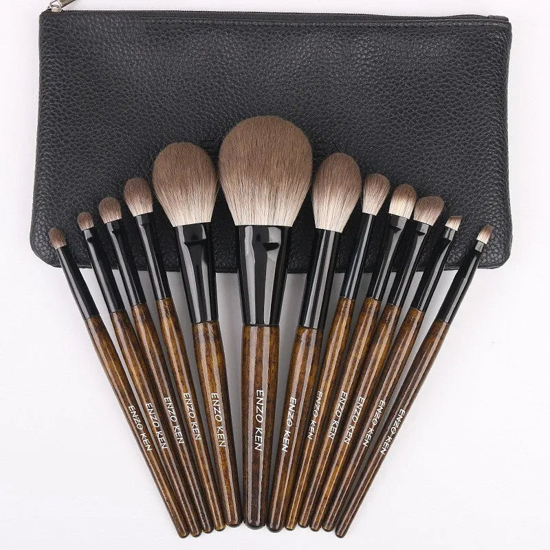 12 piece makeup brush set with wooden handles in a portable PU carry bag