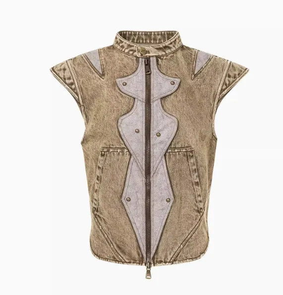 Dark wash cotton pleated vest for men in Korean style with size tags