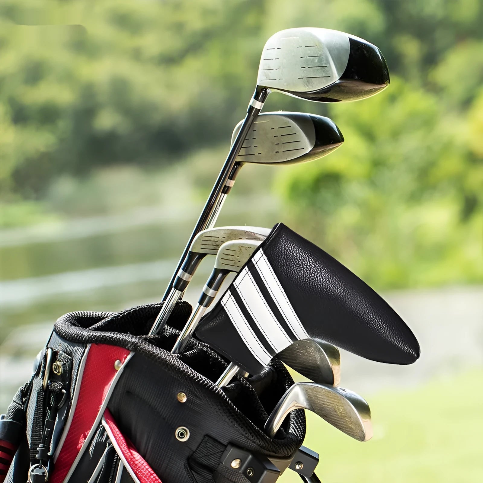Black PU leather golf club head cover and push rod protective sleeve