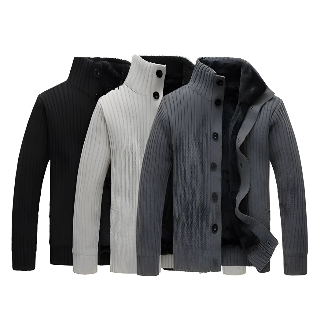 Men's cotton vinylon blend cardigan sweater with standing collar, black colour, thick long sleeves