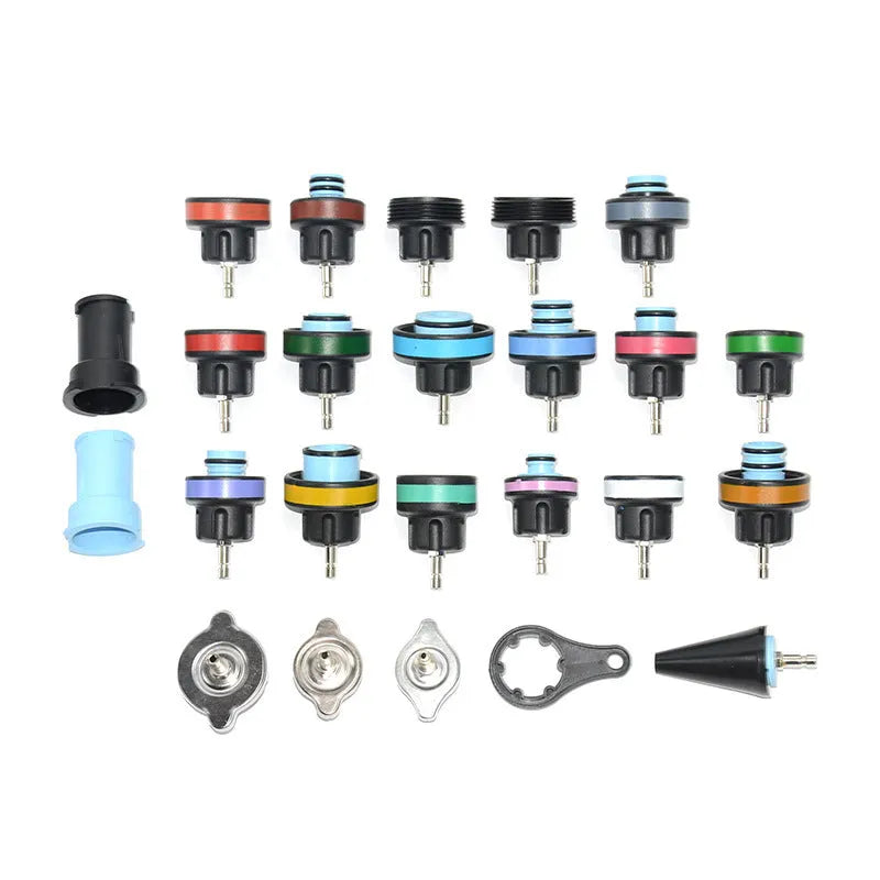 28-piece automotive radiator pressure tester kit with vacuum purge tools in blue plastic storage case