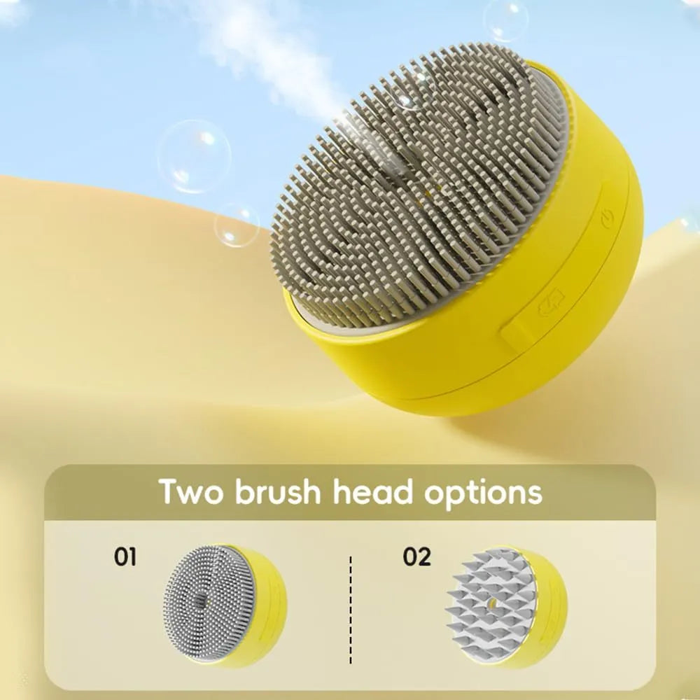 Green and yellow rechargeable silicone cat steam brush for grooming, shown with ergonomic handle.