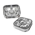 Stainless steel slow feeding dog bowl with raised bone square pattern on a non-slip square base