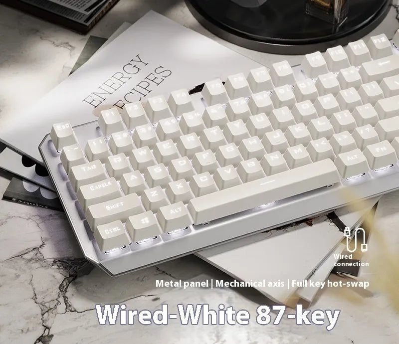 Wired 87-key mechanical keyboard with side engraving in silver white, black and star purple colour options