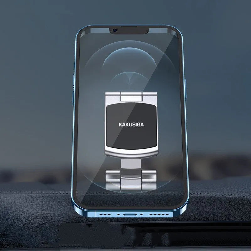 Collapsible magnetic car phone holder in silver, made of ABS leather metal, expanded position