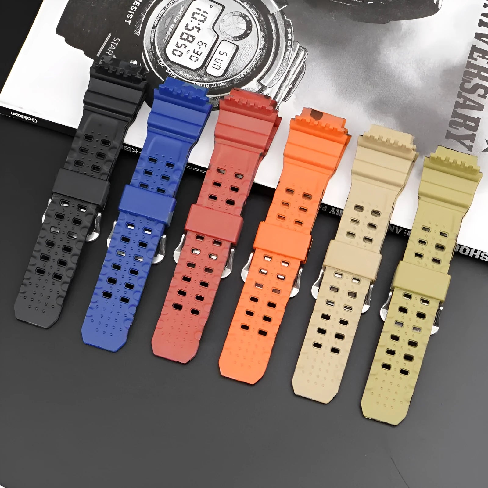 Camouflage pattern TPU watch strap with silver buckle on a 20mm watch lug