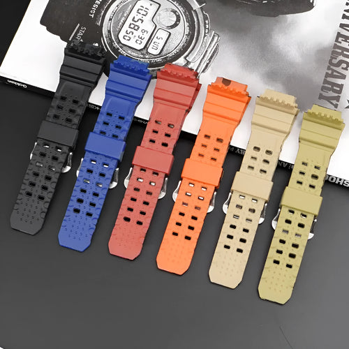 Camouflage pattern TPU watch strap with silver buckle on a 20mm watch lug