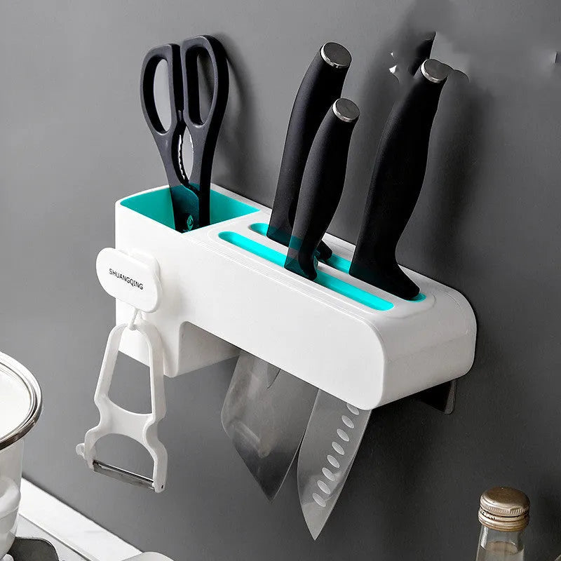 White plastic wall-mounted kitchen knife rack for utensil storage