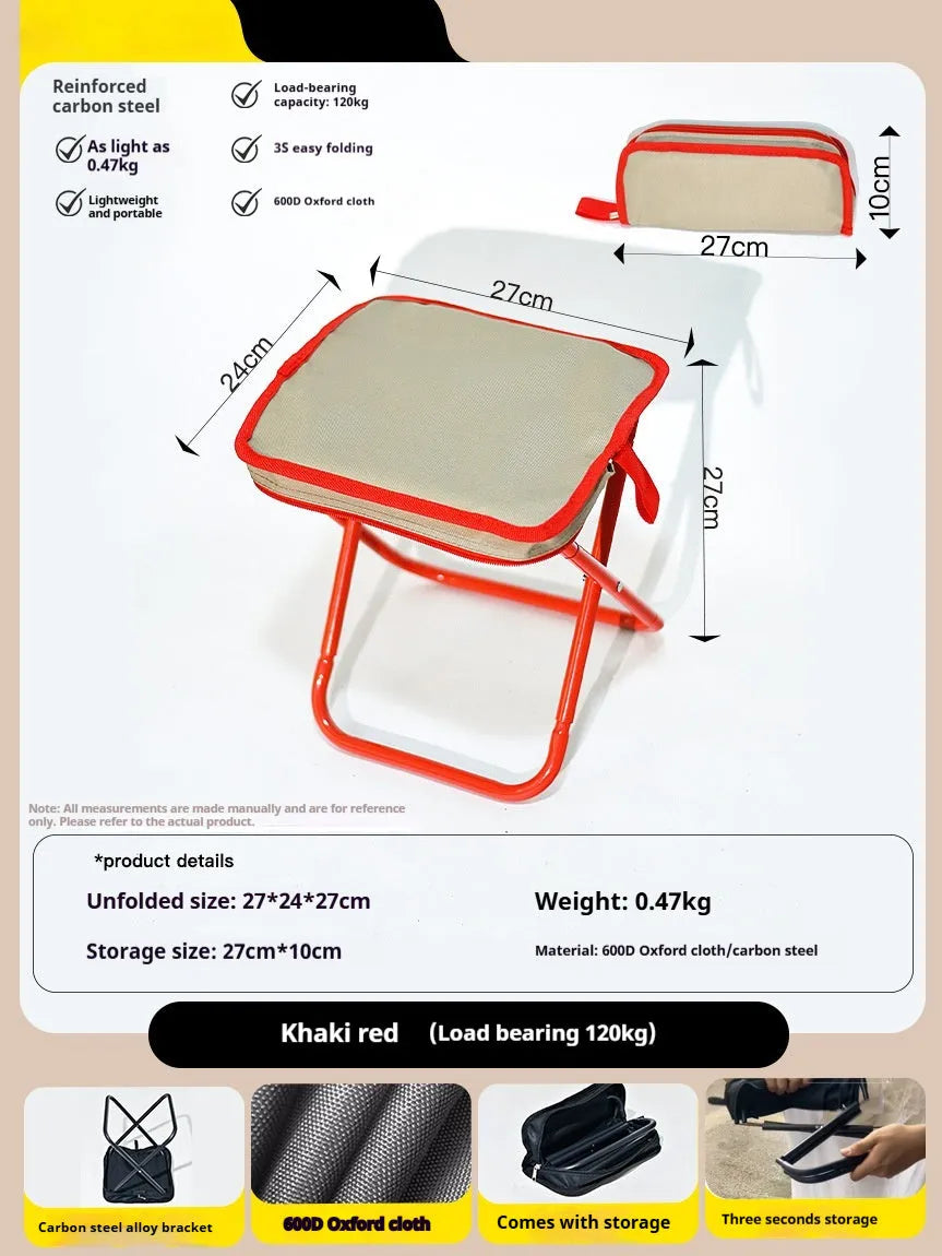 A folded lightweight camp stool with an Oxford cloth seat in a choice of colours.