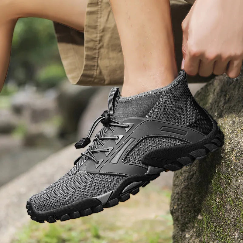 Men's non-slip hiking shoes with fly woven upper and rubber sole, mid-top style in black