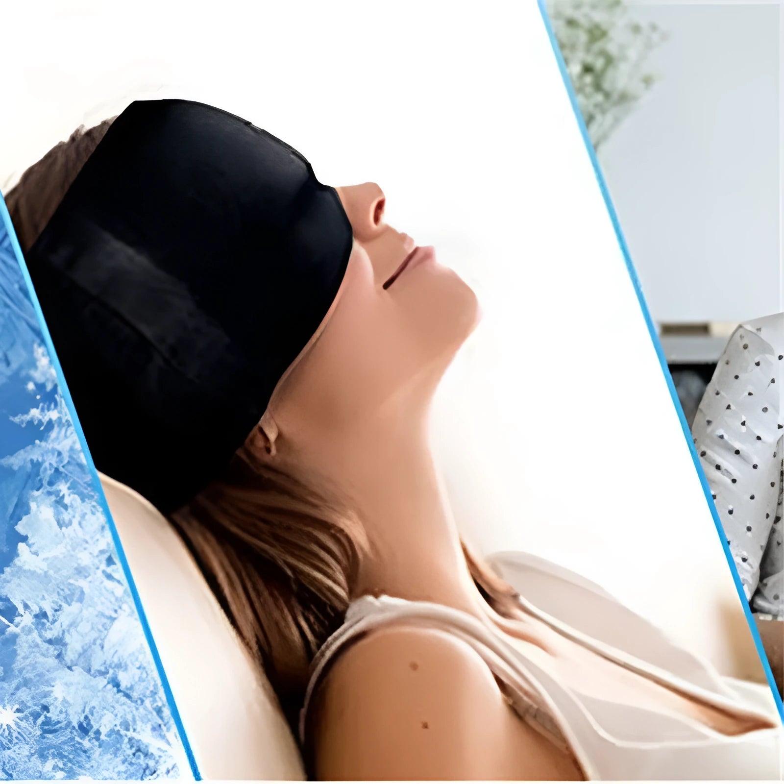 Black reusable ice gel headache relief eye mask on a white background.