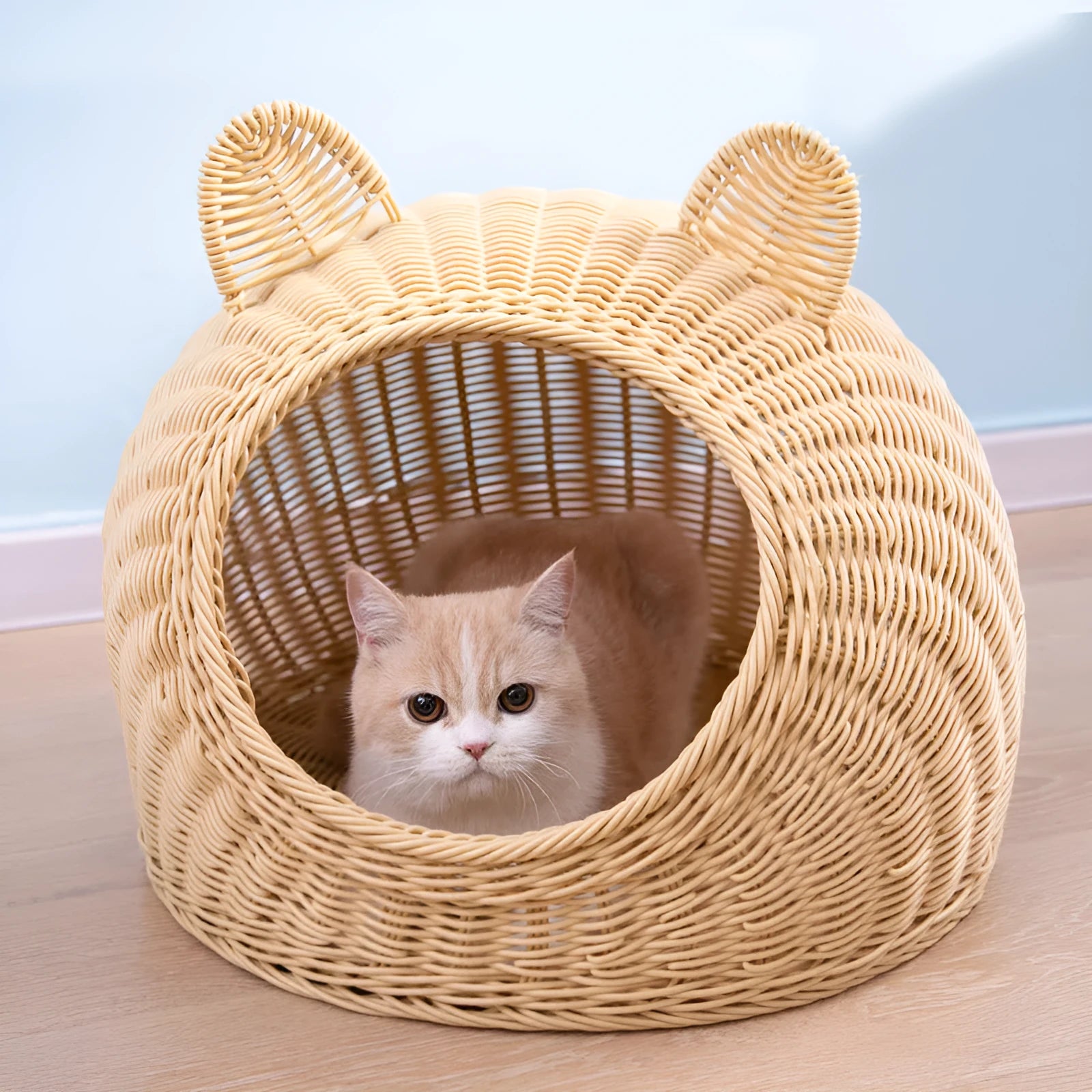 Semi-enclosed hand-knitted imitation rattan cat house with bear ear top in beige