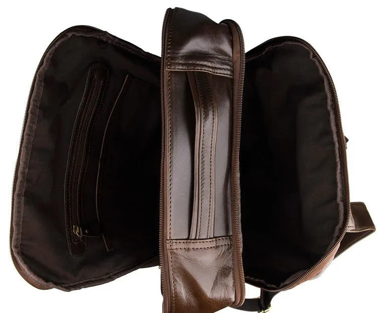 Top layer leather computer backpack in brown, fits 15 inch laptop, 29cm length 38cm height compact business daypack
