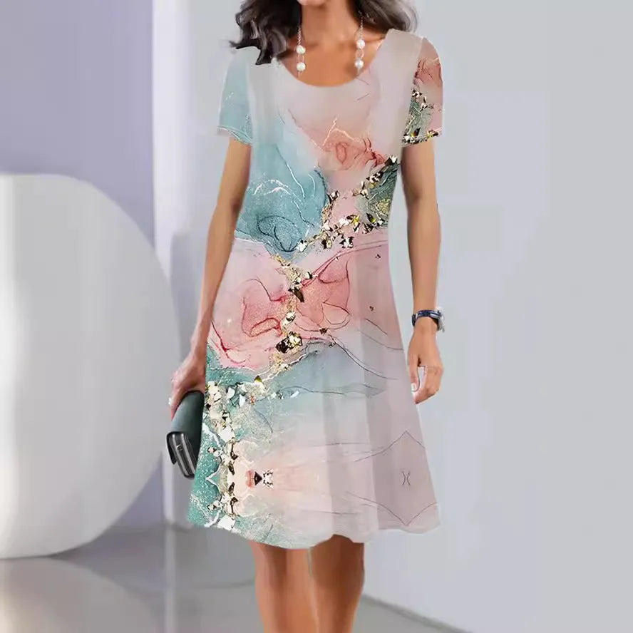 Women's ice silk dress with plants and flowers print, A-line skirt, short sleeves, round neck