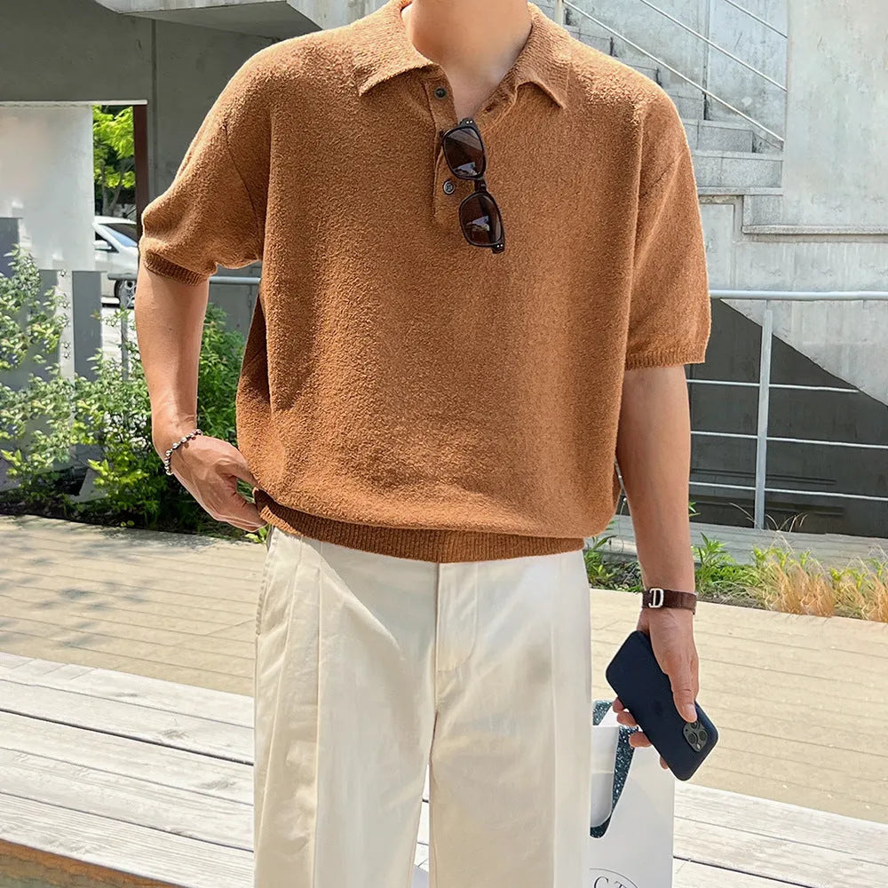 Men's retro knitted polo shirt with asymmetric design in caramel colour