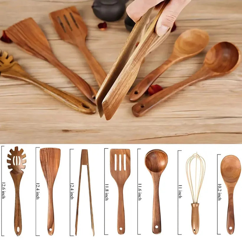 Wooden cooking utensil set with seven different kitchen tools including spoon and shovel