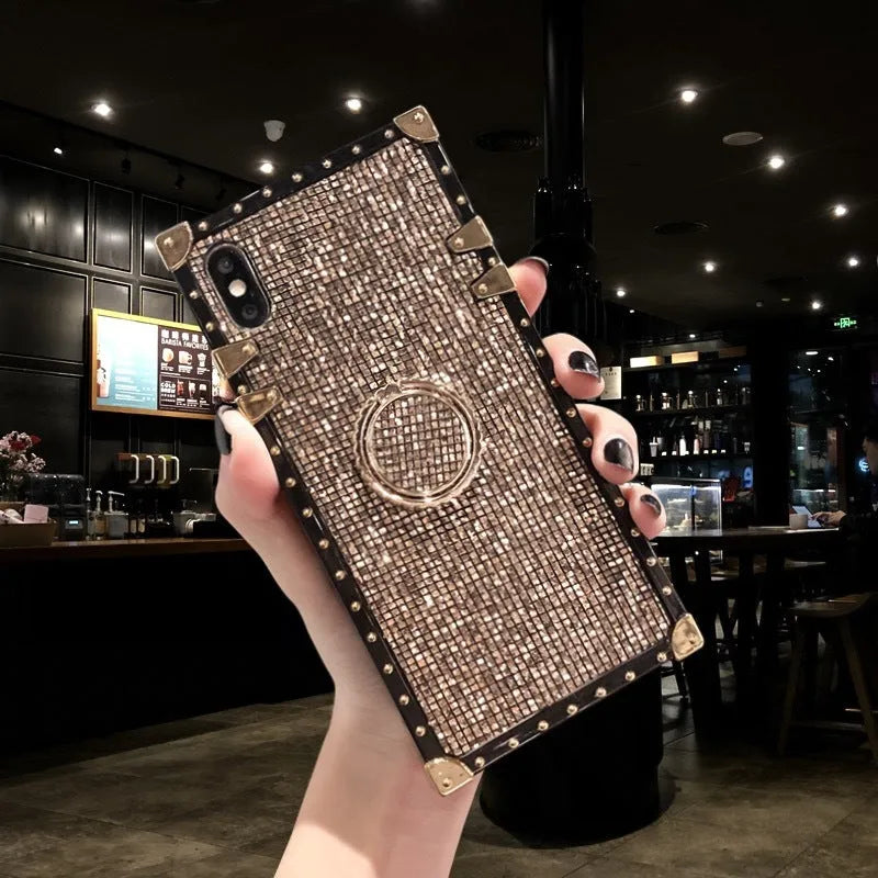 Square TPU mobile phone case with flash diamond bracket in multiple colour options
