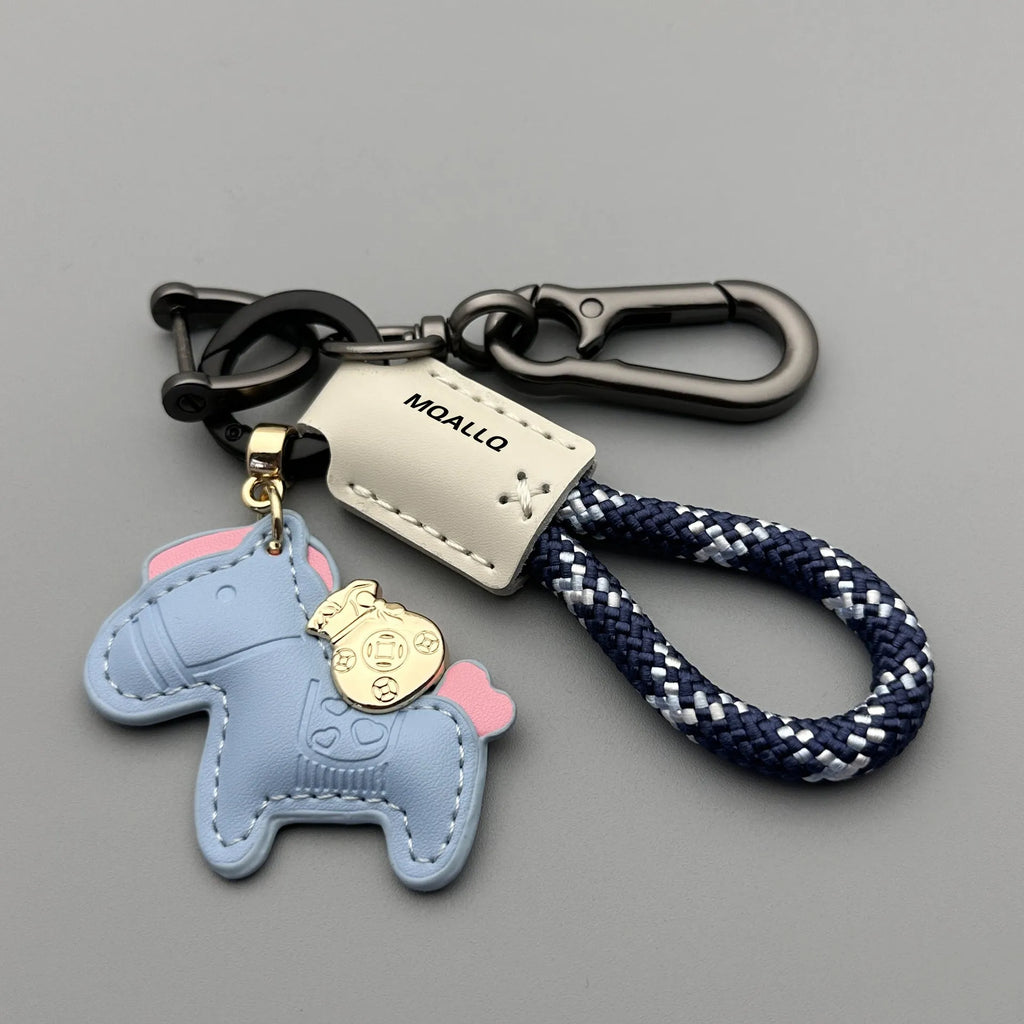 Handmade cowhide car key ring pendant with zinc alloy belt buckle and flanelle rope