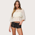 Women's milky white chiffon top with batwing sleeves, 40cm length, fresh sweet casual style
