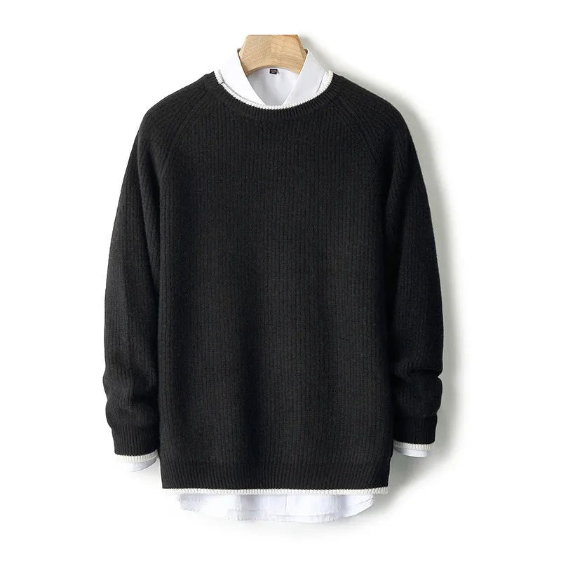 Men wool thickened double-strand round neck sweater in camel, long sleeve knit jumper winter wear