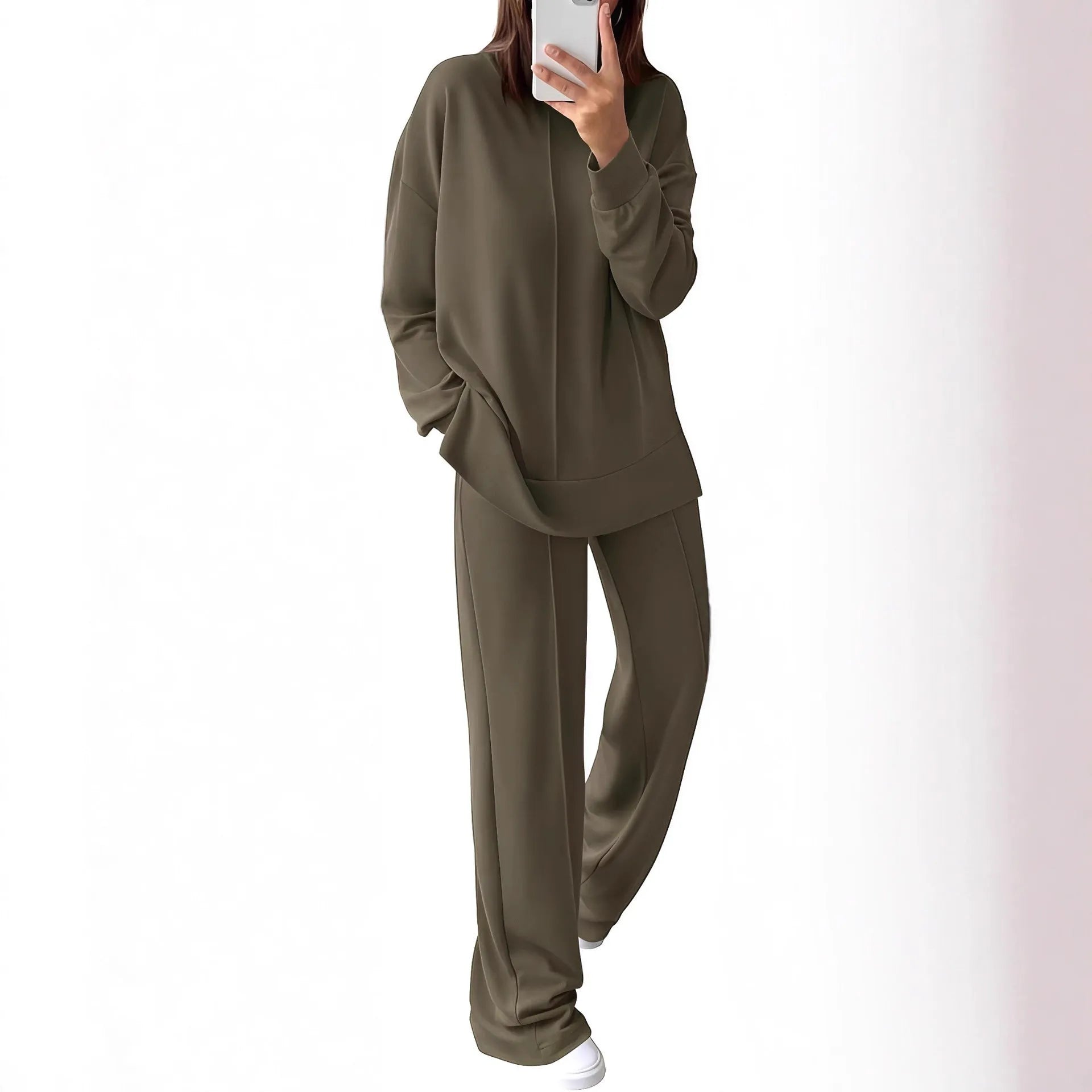 Women's army green polyester long-sleeve tracksuit set with top and pants for sports