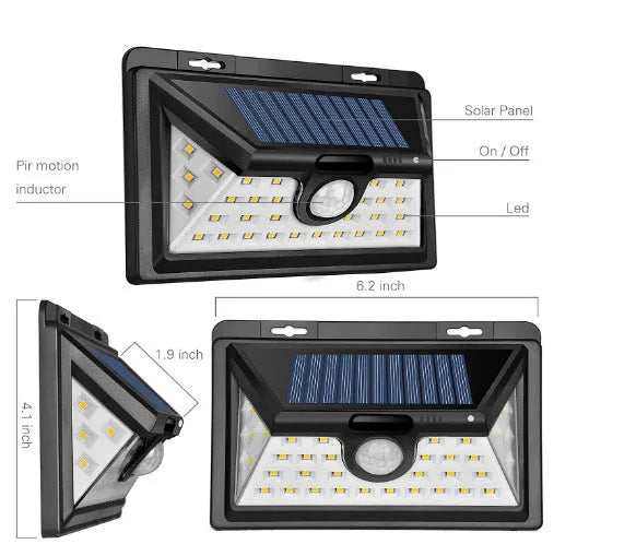 Black solar motion sensor light with monocrystalline solar panel for outdoor wall hanging installation