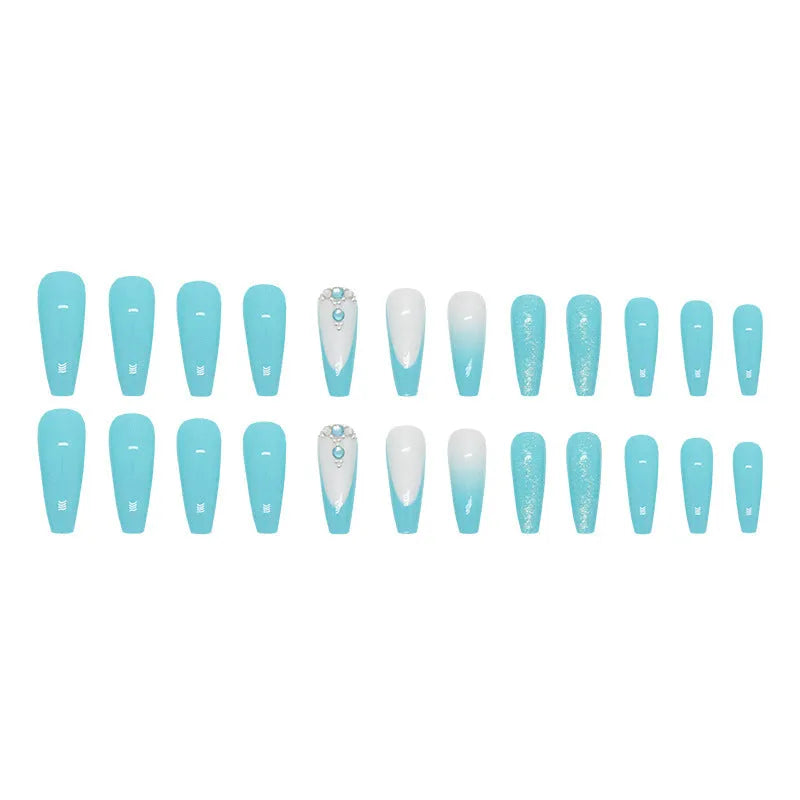 Solid blue long ballet false nails with diamond glitter design and included adhesive glue.