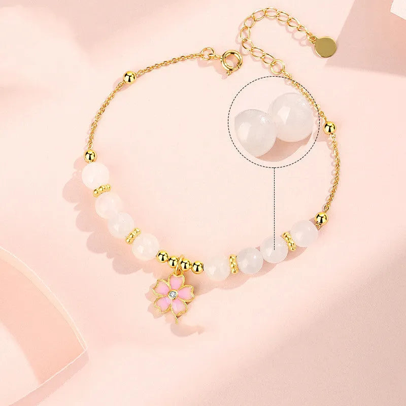 S925 sterling silver cherry blossom pendant with gradient pink epoxy on Hetian jade beaded bracelet