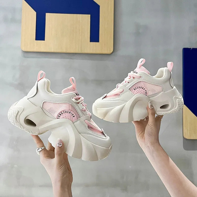 Women's casual sneakers with thick sole and cross straps in pink, black and beige options