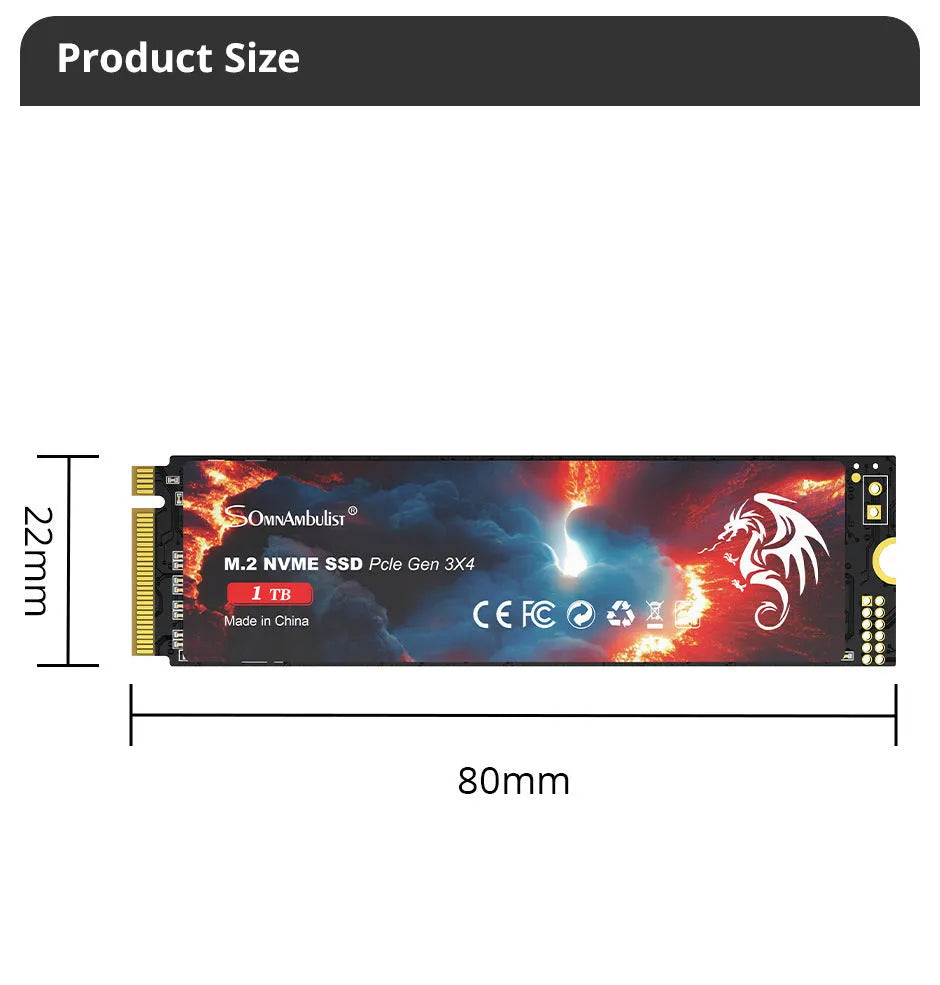 M.2 NVMe PCIe 3.0 Solid State Drive for desktop computers, 80mm x 22mm size.