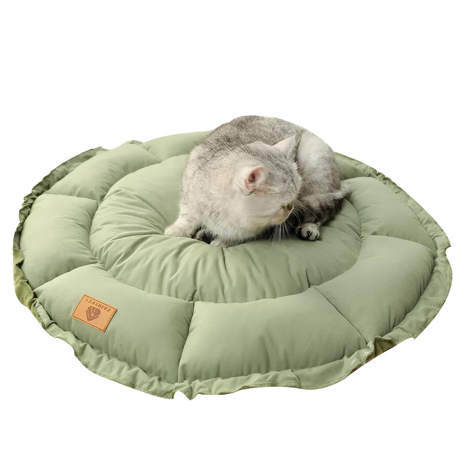 Grey and green reversible donut-shaped pet bed for cats and small dogs on a wooden floor.